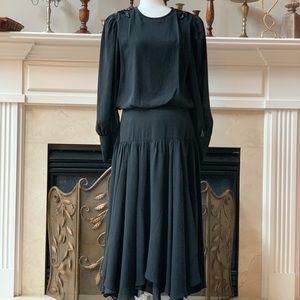 Vintage Black Beaded Shoulder Appliqué Midi Dress